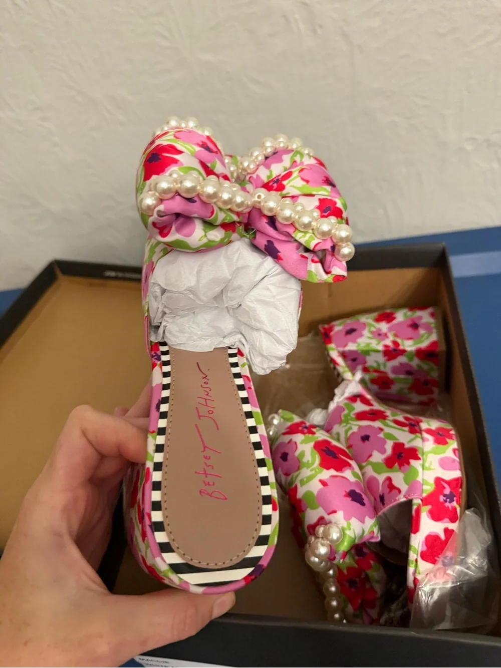 Betsey Johnson Pink Floral Platform Sandals with Pearl Cluster